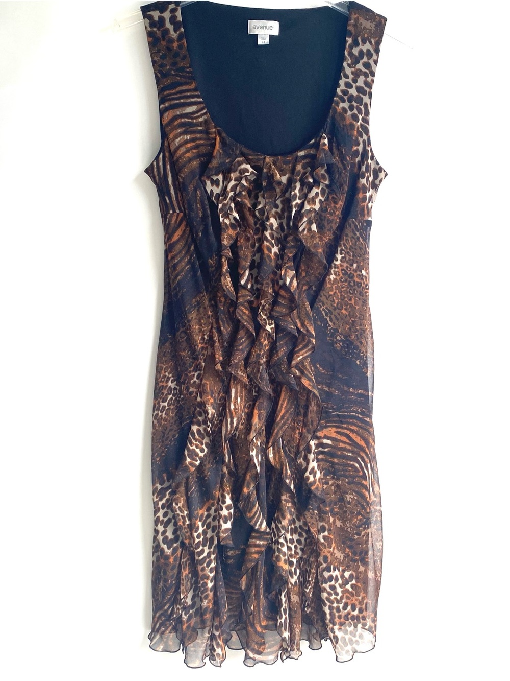 Avenue sleeveless fitted midi dress ruffle front leopard animal print summer 14